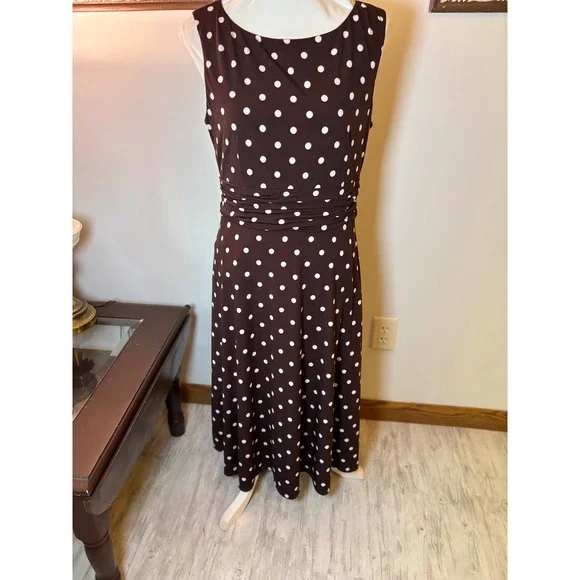 Y2K Jessica Howard Dress Brown White Polka Dot Sleeveless Midi Career Casual - Picture 9 of 16